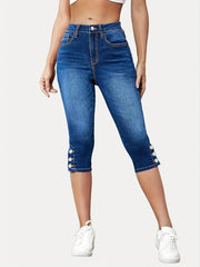 High Waist Capris Denim Jeans Single Breasted Button Slim Fit Casual Denim