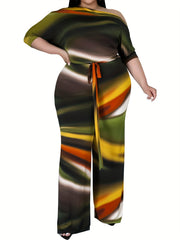 Casual Jumpsuit Print One Shoulder Long Sleeve Wide Leg