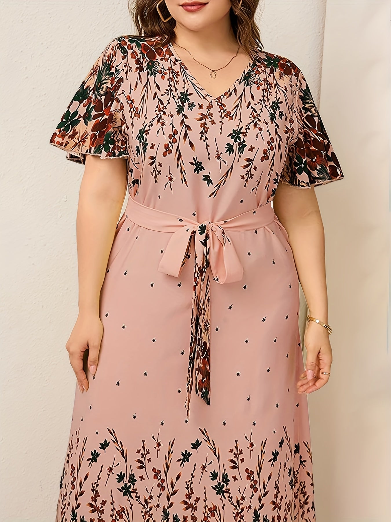 Floral Print V Neck Maxi Dress With Belt