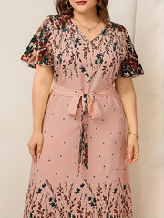 Floral Print V Neck Maxi Dress With Belt