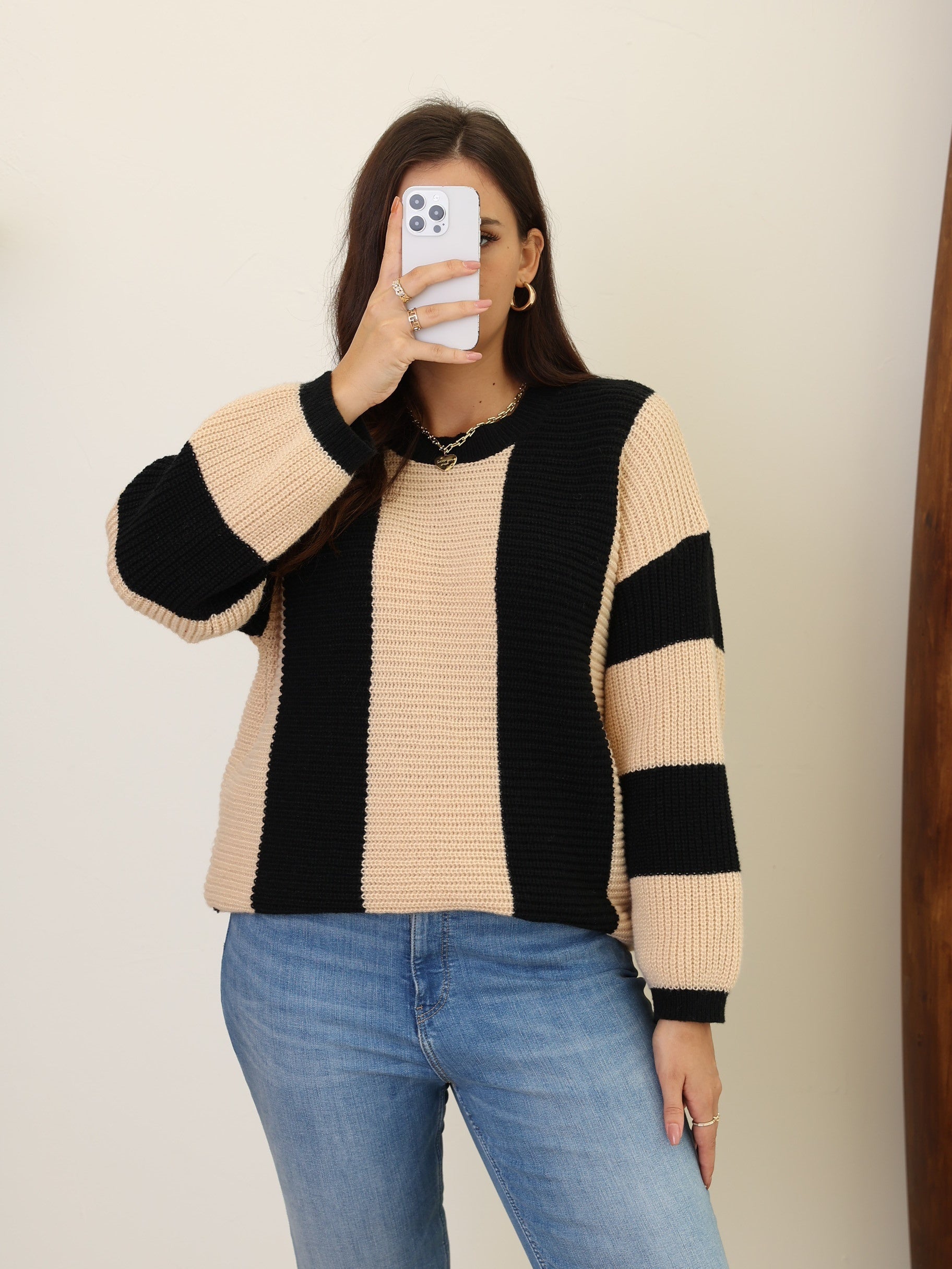 Casual Sweater Women's Plus Stripe Print Long Sleeve Round Neck Jumper