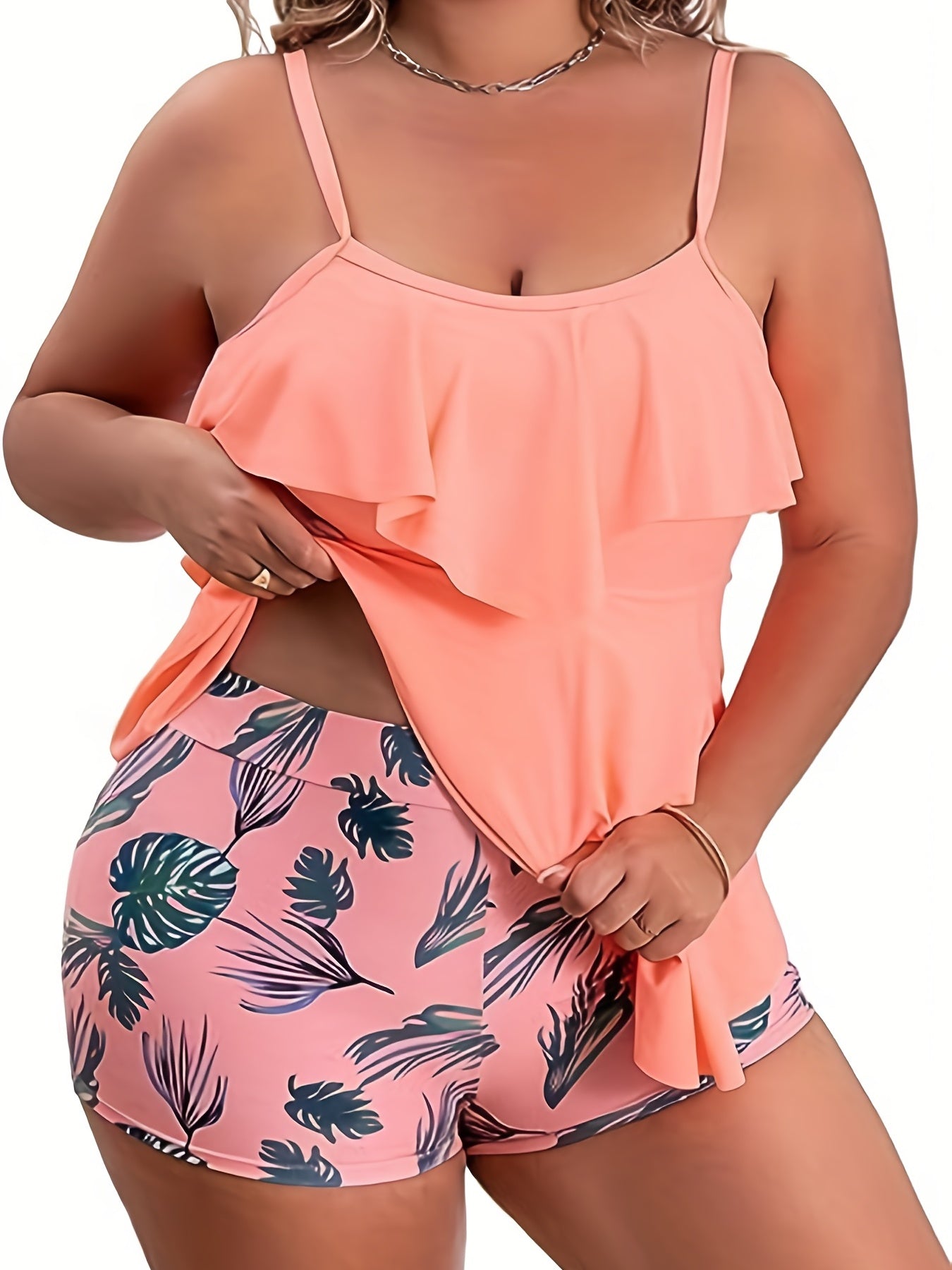Plus Size Modest Tankini Set Ruffle Trim Cami & Tropical Print Shorts Swimsuit