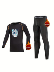 Kids Fleece Lined Compression Base Set Cow Astronaut Print Long Sleeve Leggings