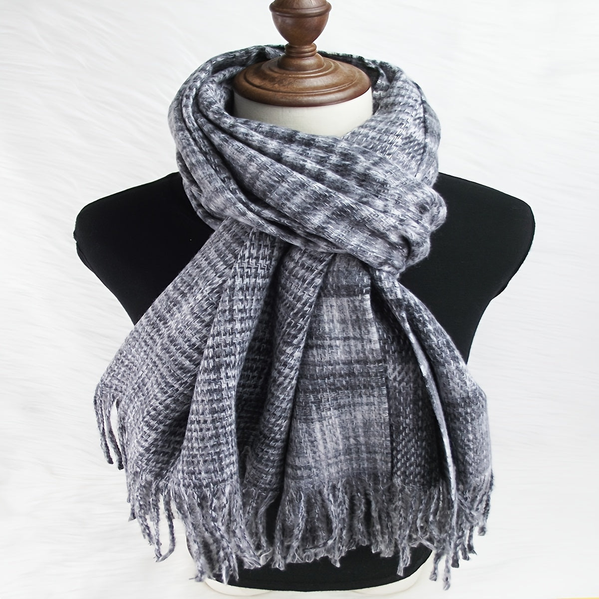 Vintage Grey Tassel Plaid Scarf Cashmere Shawl Women Windproof Headwrap
