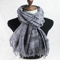 Vintage Grey Tassel Plaid Scarf Cashmere Shawl Women Windproof Headwrap