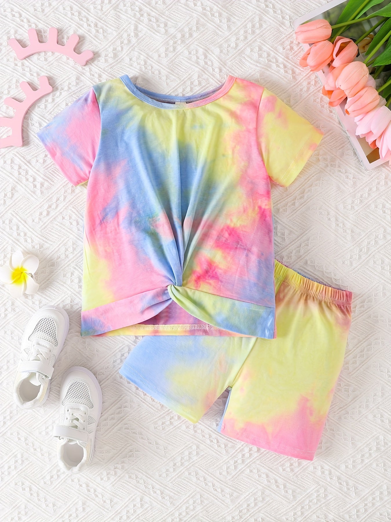 2pcs Girls Rainbow Tie Dye T Shirts & Shorts Set Kids Summer Clothes