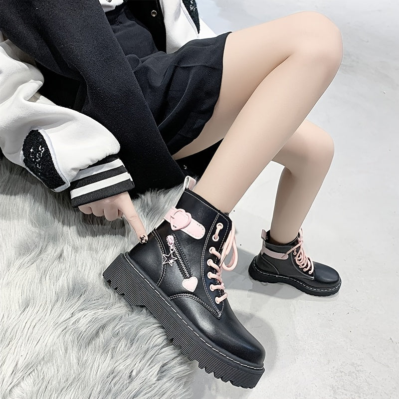 Platform Ankle Combat Boots & Lace Up Round Toe Y2K Style Shoes