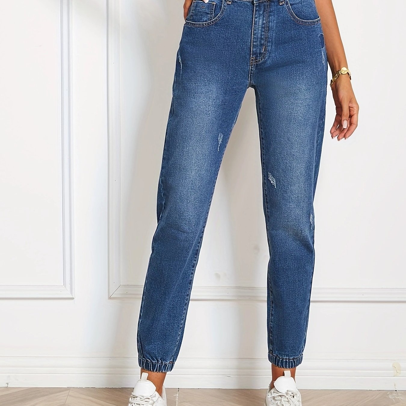 Loose Fit Straight Jeans Slash Pockets Mid Strstch Casual Denim Pants