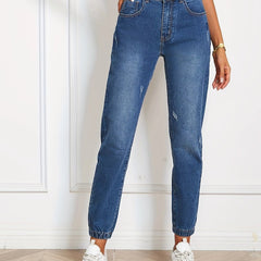 Loose Fit Straight Jeans Slash Pockets Mid Strstch Casual Denim Pants
