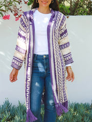 Geometric Print Tassel Trim Hooded Cardigan