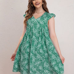 Casual Dress Women's Plus Ditsy Print Ruffle Sleeve V Neck Dress