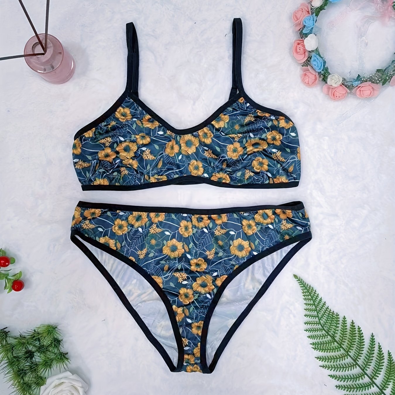 Floral Print Unlined Bra & Brief 2pcs Set