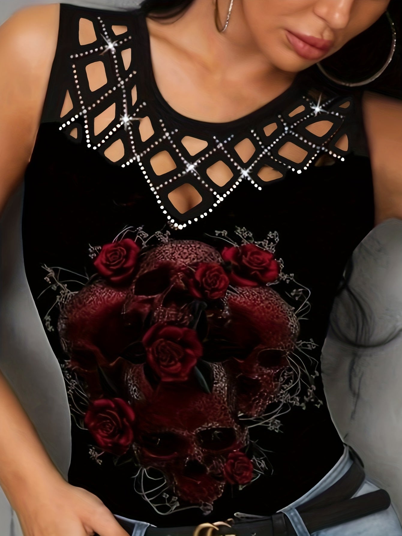 Cutout Flower Print Tank Top Sleeveless Summer Top