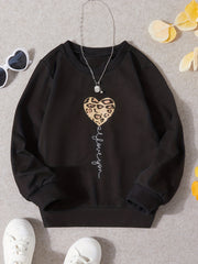 Girls Leopard Heart Letter Print Pullover Sweatshirt Crew Neck Tops