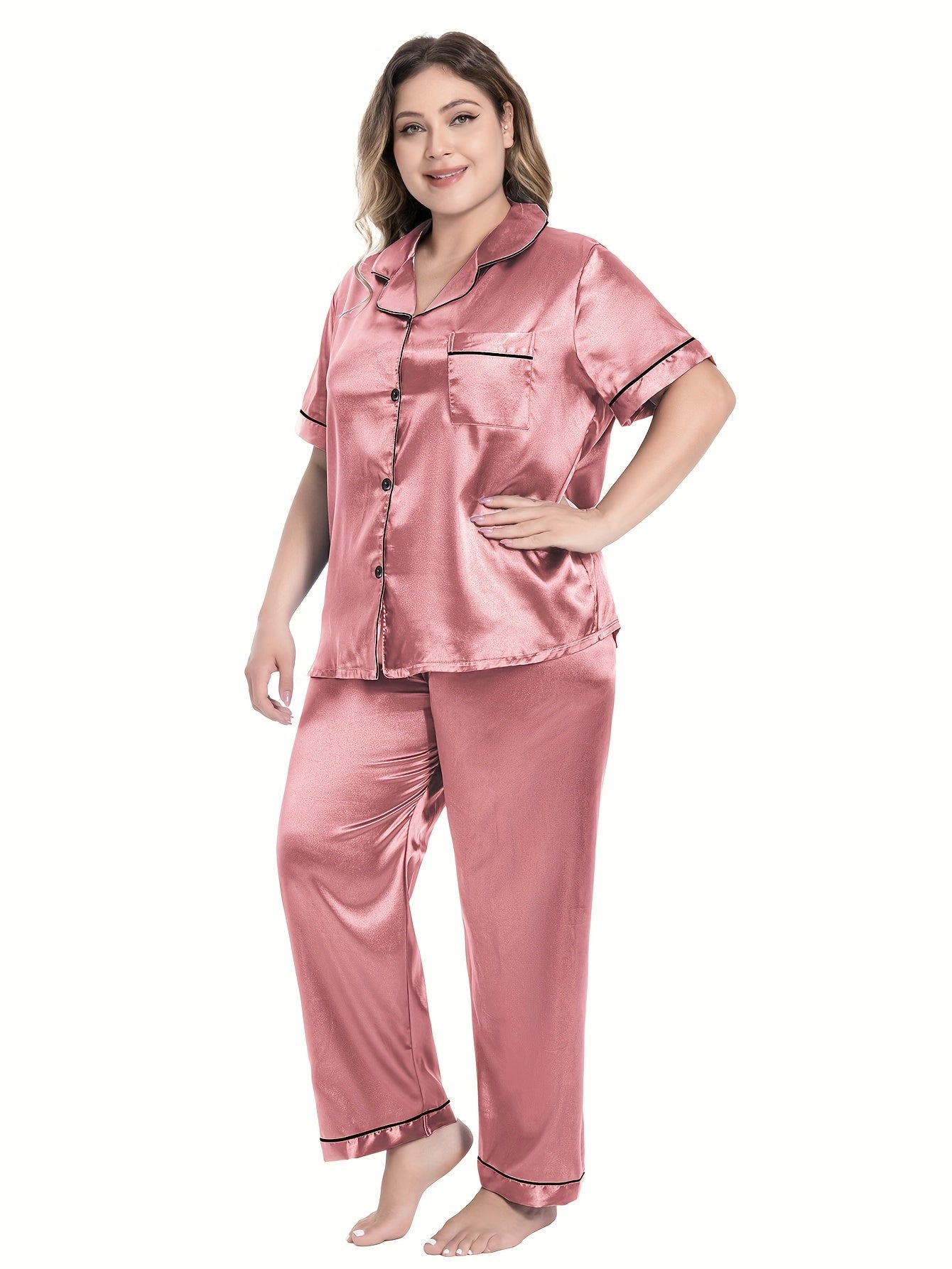Women's Plus Satin PJs Set Short Sleeve Button Up Shirt & Pants Lounge 2 Piece