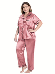 Women's Plus Satin PJs Set Short Sleeve Button Up Shirt & Pants Lounge 2 Piece