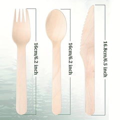 100pcs Disposable Wooden Cutlery Spoons Knives Forks Pack