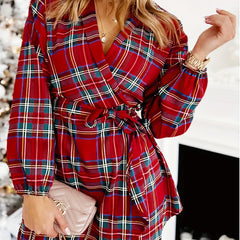Plaid Print Surplice Neck Wrap Dress