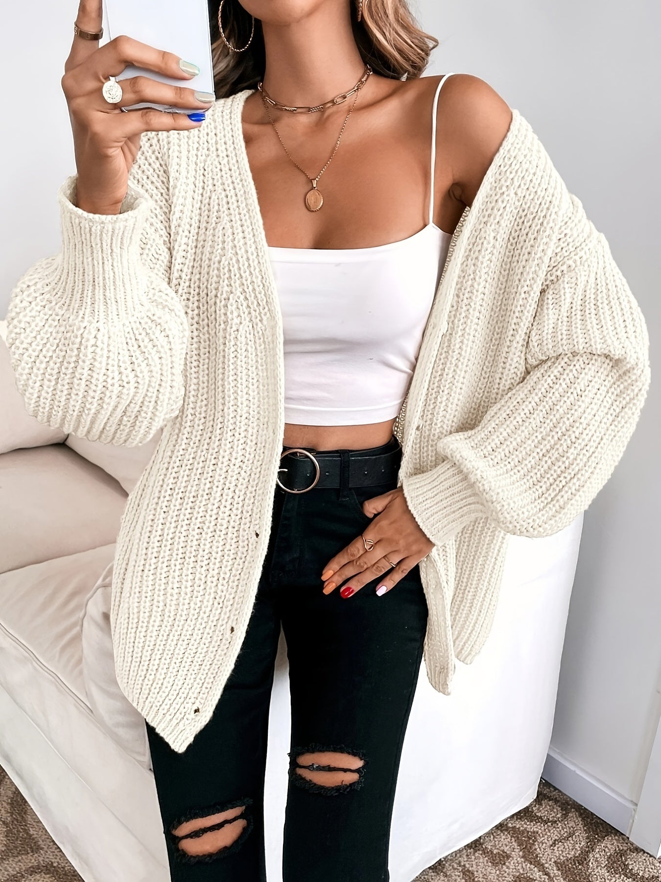 Button Front Long Sleeve Cardigan for Women