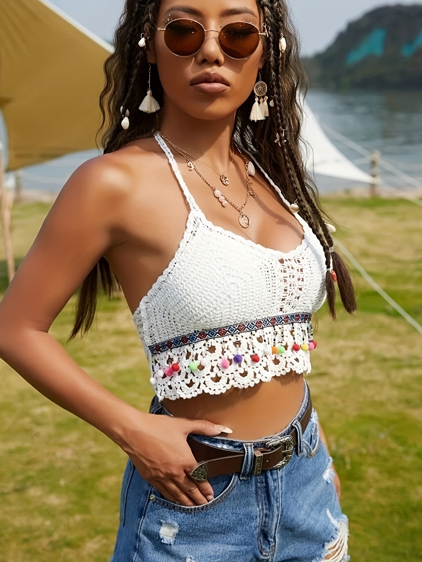 Crochet Halter Crop Top Tassel Lace Up Hollow Out Top