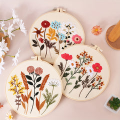 4pcs Floral Embroidery Kit Hoops Floss Threads Needles Cross Stitch Kits