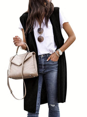 Solid Sleeveless Knit Cardigan Long Vest Sweater