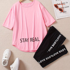 Girls STAY REAL Print Tracksuit Short Sleeve Tee & Track Pants Set
