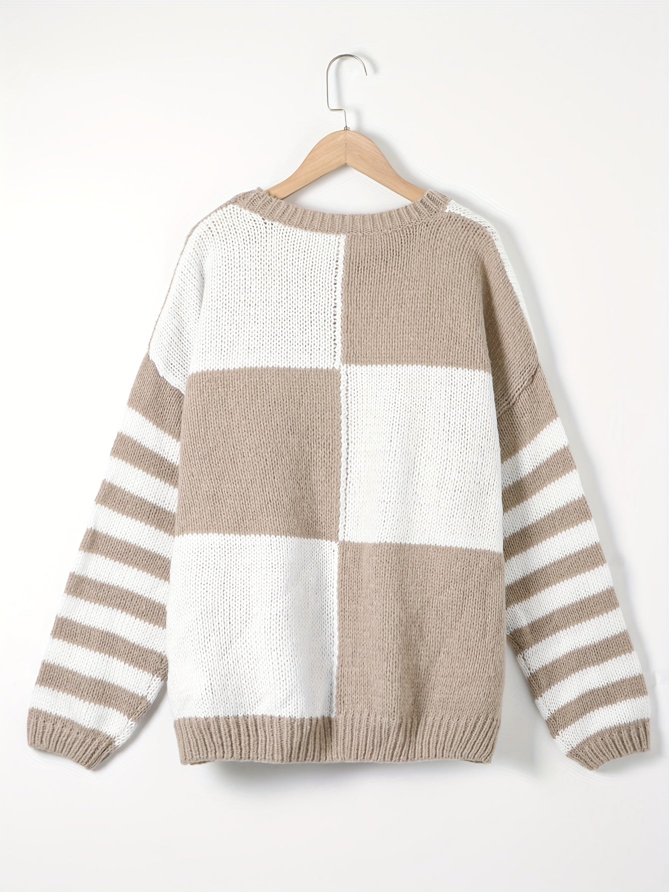 Checkerboard & Stripe Print Drop Shoulder Sweater