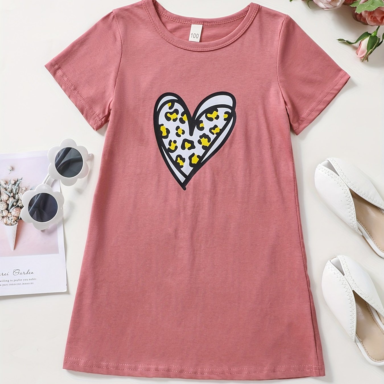 Girls Short Sleeves Leopard Heart Graphic Casual Tees Dress