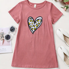 Girls Short Sleeves Leopard Heart Graphic Casual Tees Dress