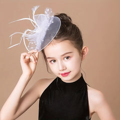 Mesh Bowler Hat with Feather Bow for Girls Party
