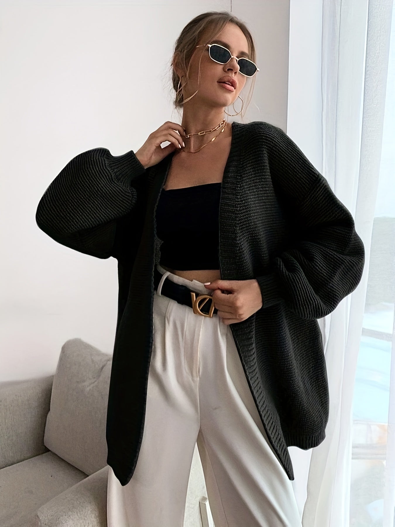 Casual Lantern Sleeve Cardigan Open Front