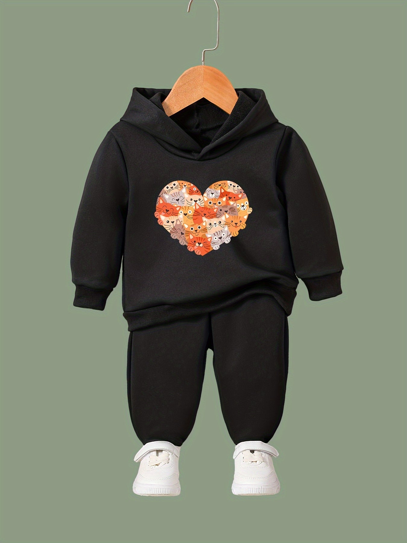 Cartoon Kitten Heart Print Long Sleeve Hoodie & Pants Set