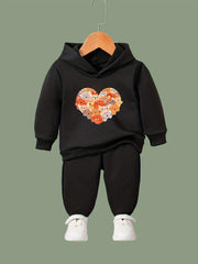 Cartoon Kitten Heart Print Long Sleeve Hoodie & Pants Set