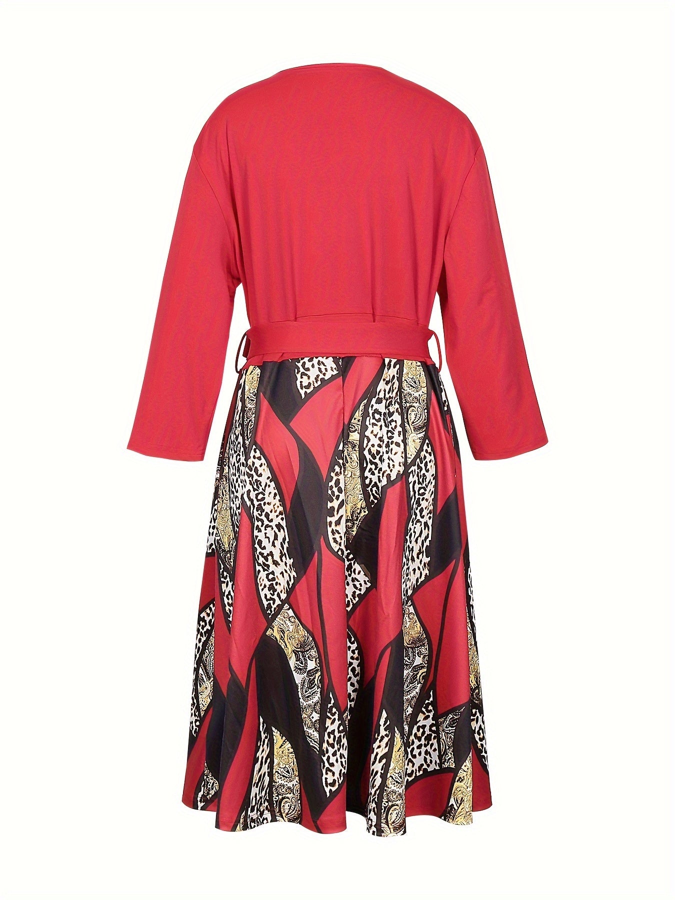 Casual Leopard Print Dress Long Sleeve Round Neck Zipper Pockets Belt