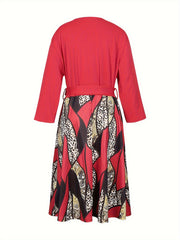 Casual Leopard Print Dress Long Sleeve Round Neck Zipper Pockets Belt