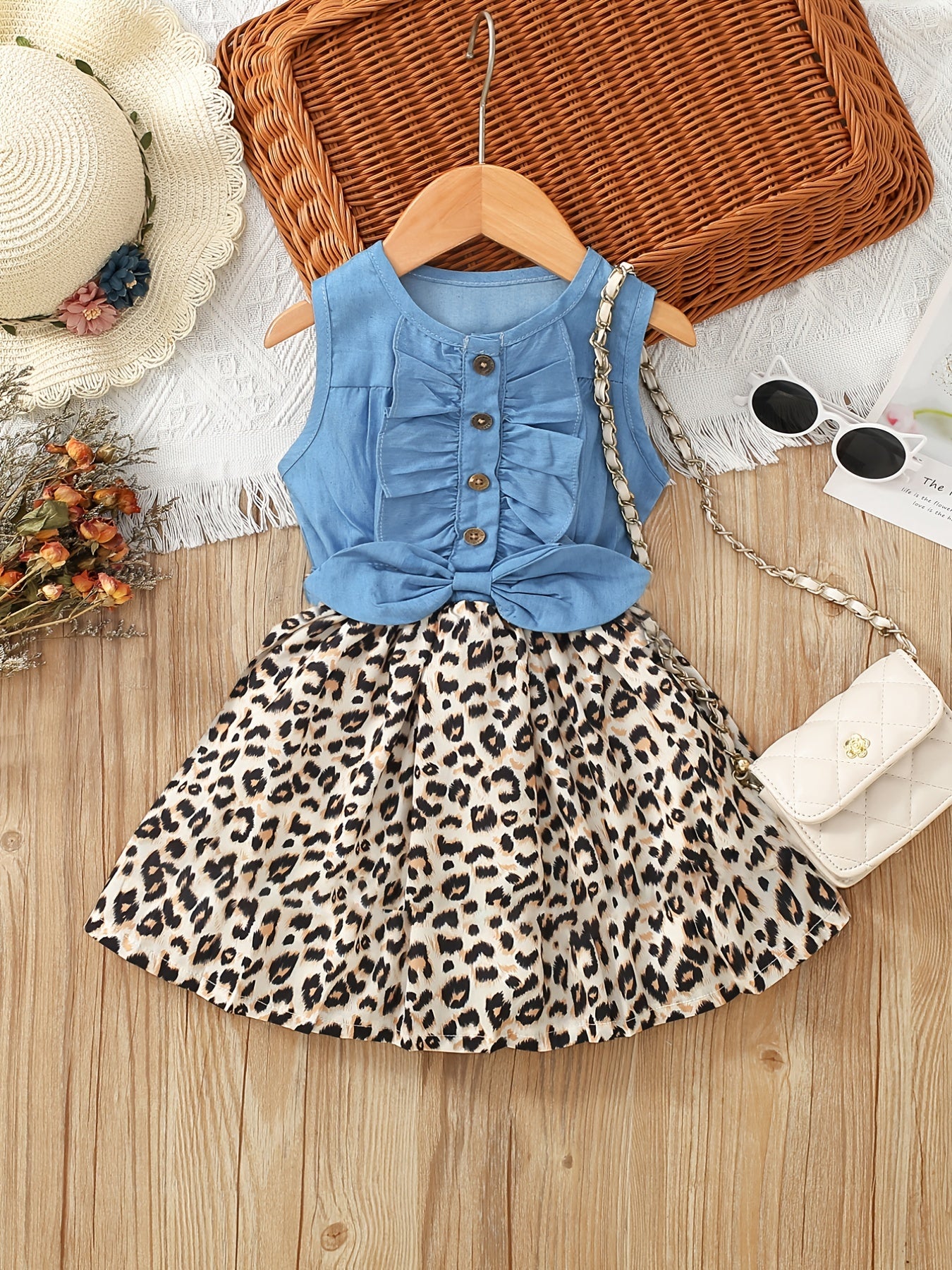 Girl's Sleeveless Denim Leopard Print Dress