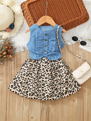 Girl's Sleeveless Denim Leopard Print Dress