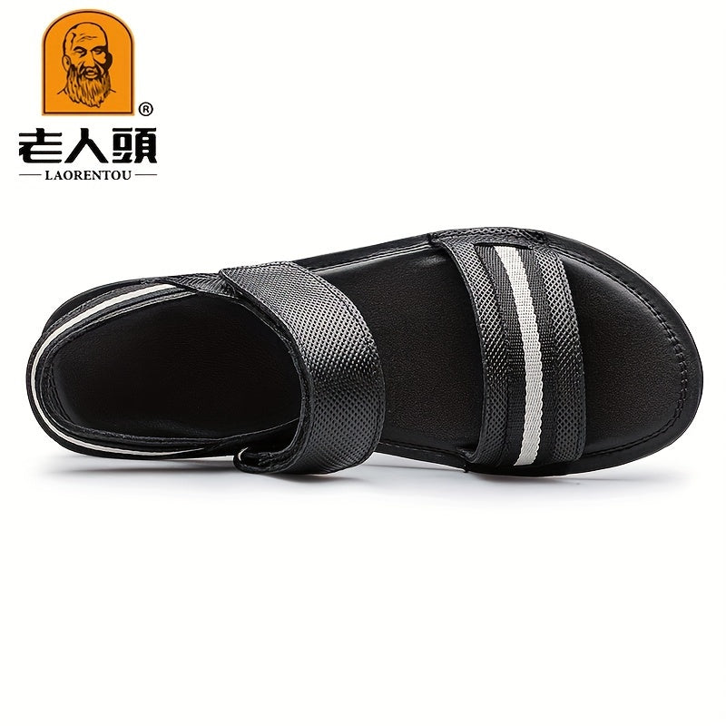 LAORENTOU Men's Leather Hook And Loop Sandals Non Slip Comfy Beach Shoes