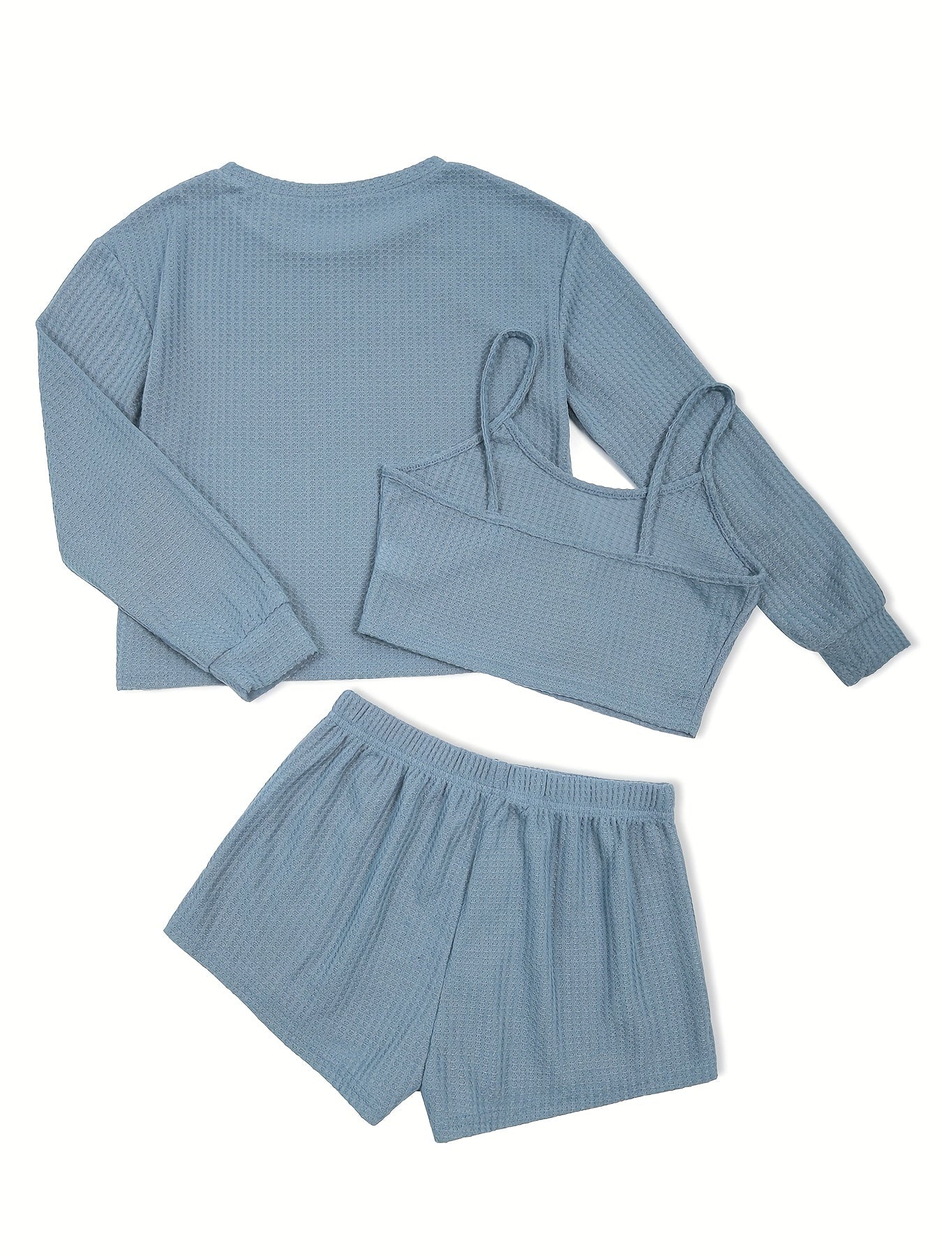 Waffle Solid Lounge Set Cami Top & Long Sleeve Crew Neck Top & Lace Up Shorts