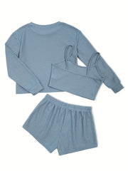 Waffle Solid Lounge Set Cami Top & Long Sleeve Crew Neck Top & Lace Up Shorts