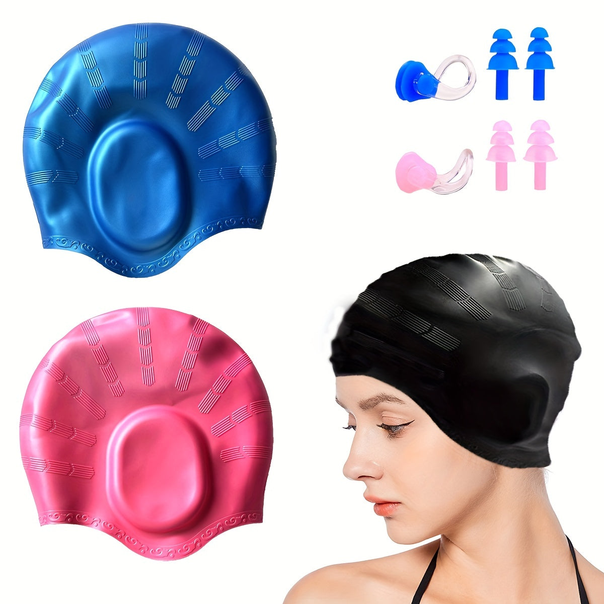 2pcs Waterproof Silicone Swimming Caps for Adults