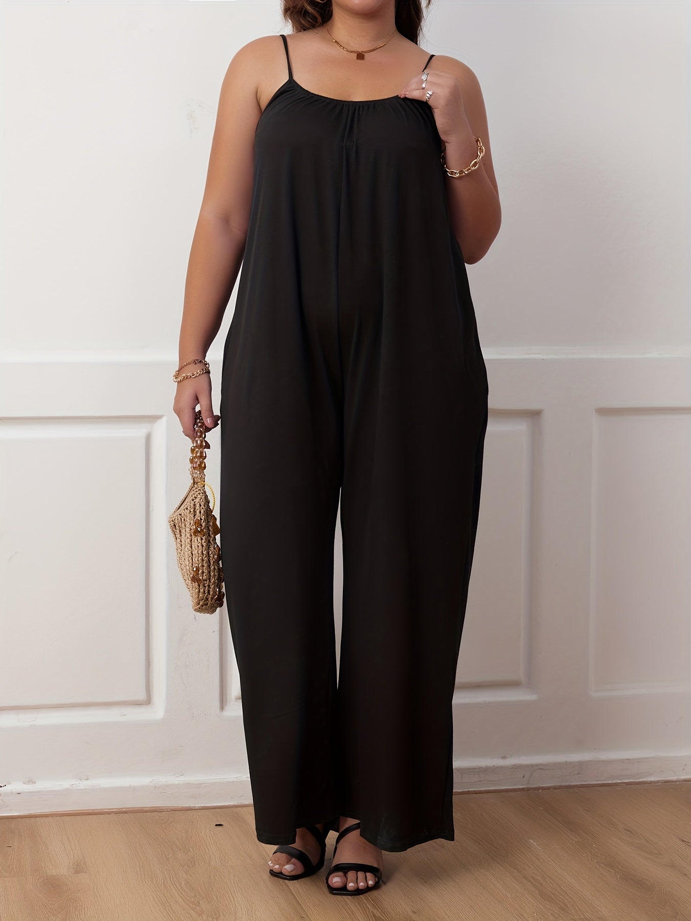 Solid Ruched Wide Leg Cami Jumpsuit With Pockets