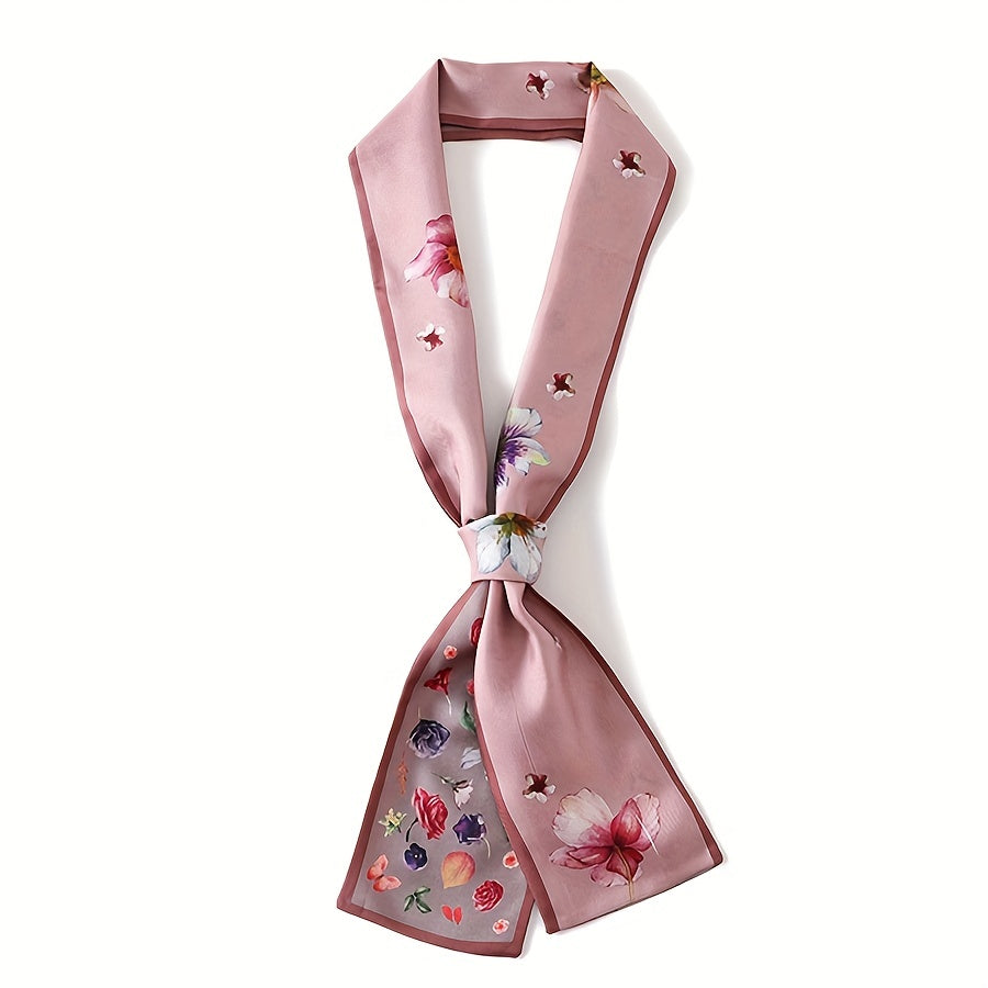 Floral Print Ribbon Neckerchief Satin Twilly Scarf Skinny Scarf