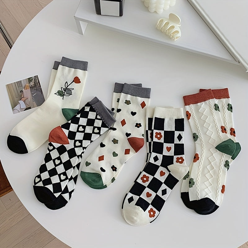 5 Pairs Floral & Plaid Print Socks Women's Stockings