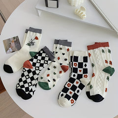 5 Pairs Floral & Plaid Print Socks Women's Stockings
