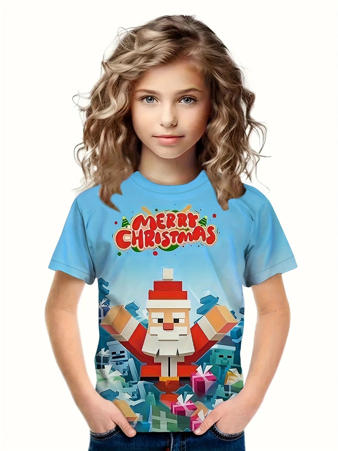 Christmas Santa Short Sleeve Graphic Tee Girls Summer Gift