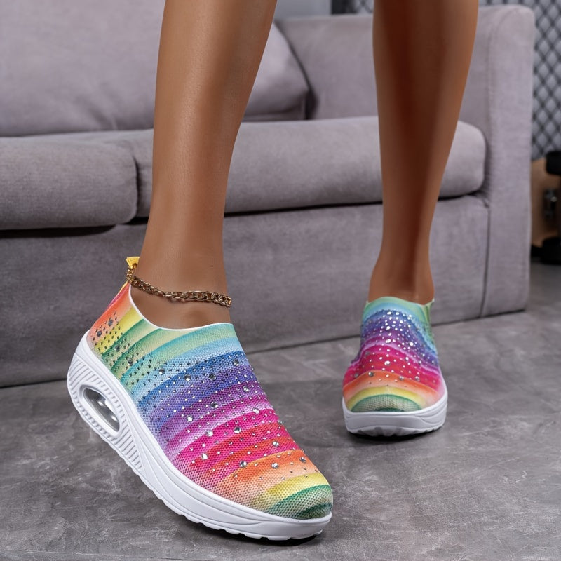 Rhinestone Rainbow Stripe Walking Shoes with Air Cushion