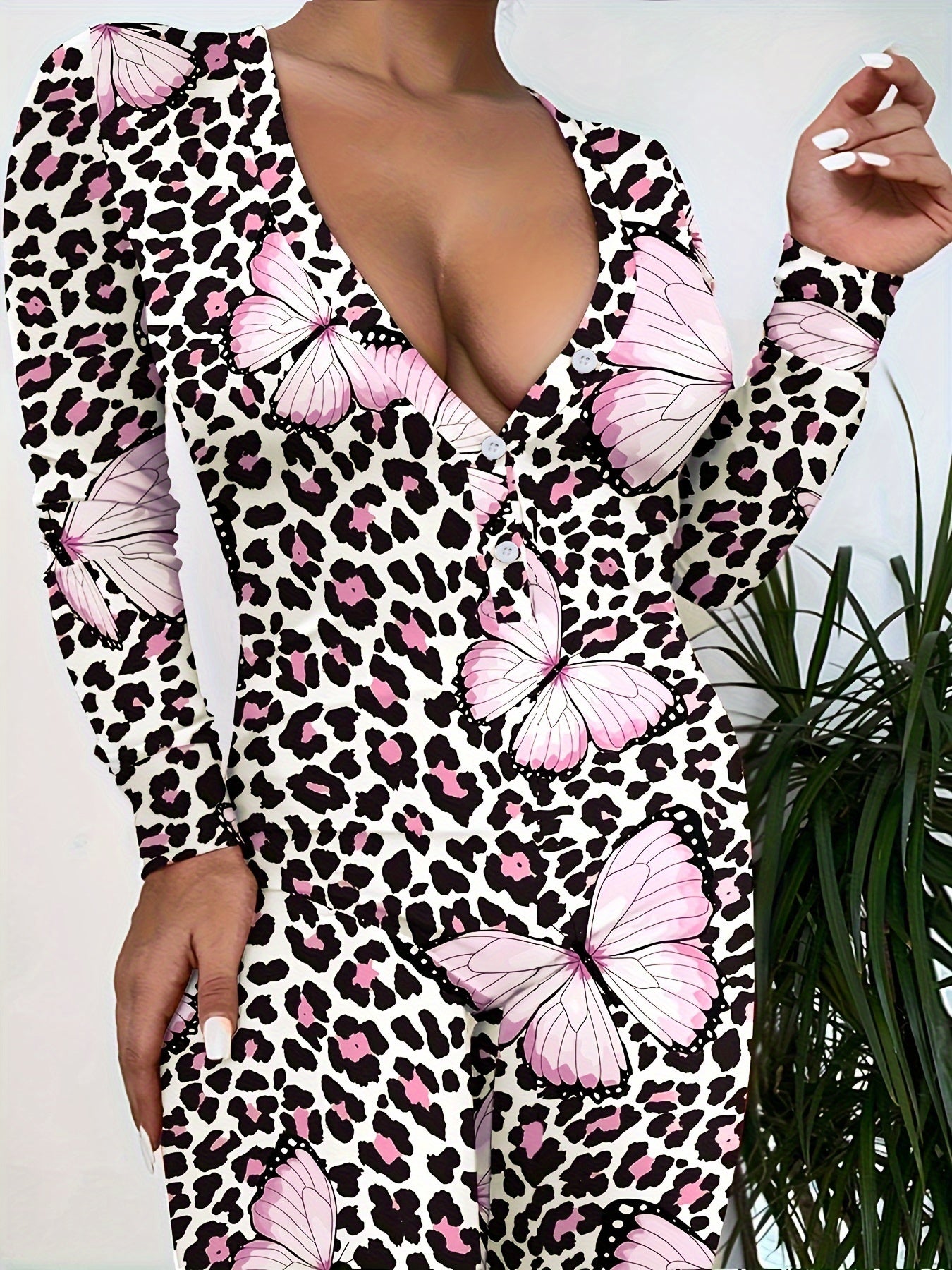 Sexy Sleepwear Jumpsuit: Butterfly & Leopard Print Long Sleeve