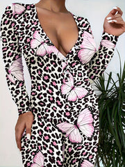 Sexy Sleepwear Jumpsuit: Butterfly & Leopard Print Long Sleeve